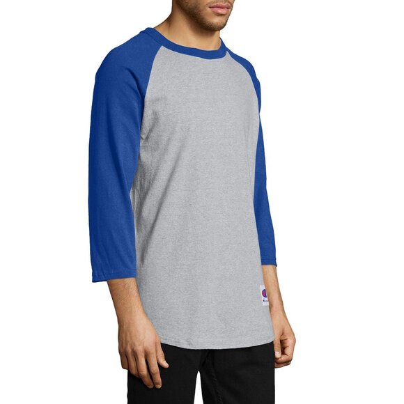 Champion Raglan Quarter Sleeve Baseball T-Shirt Gray Royal Blue Mens Size Small - Picture 6 of 10